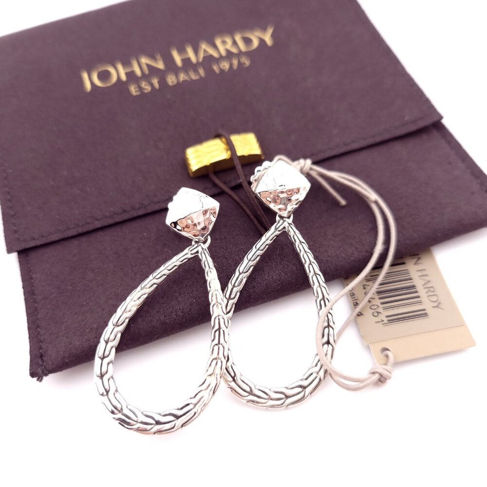 NEW John Hardy Sterling Silver Hammered Pear Shaped Chain Link 1.75' In Earrings